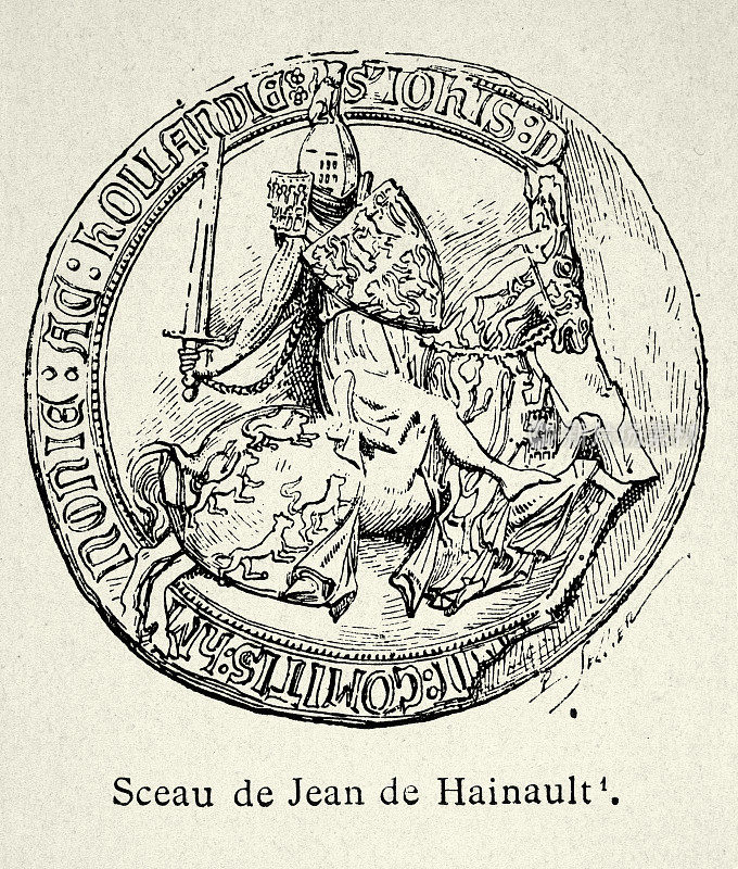 Jean de Hainaut的中世纪印章，骑马的骑士，14世纪
